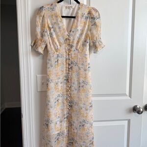 Simple Retro Yellow Floral Midi Dress Romantic Puff Sleeve Tie Waist Size S